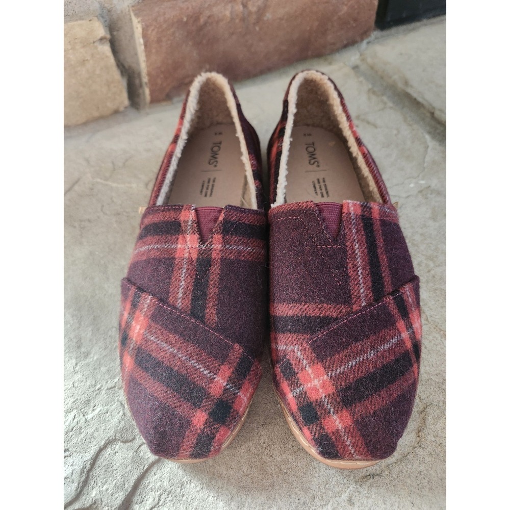 Toms Belmont‎ Loafers Womens Size 9 Red Plaid Faux Shearling Slip On Flats